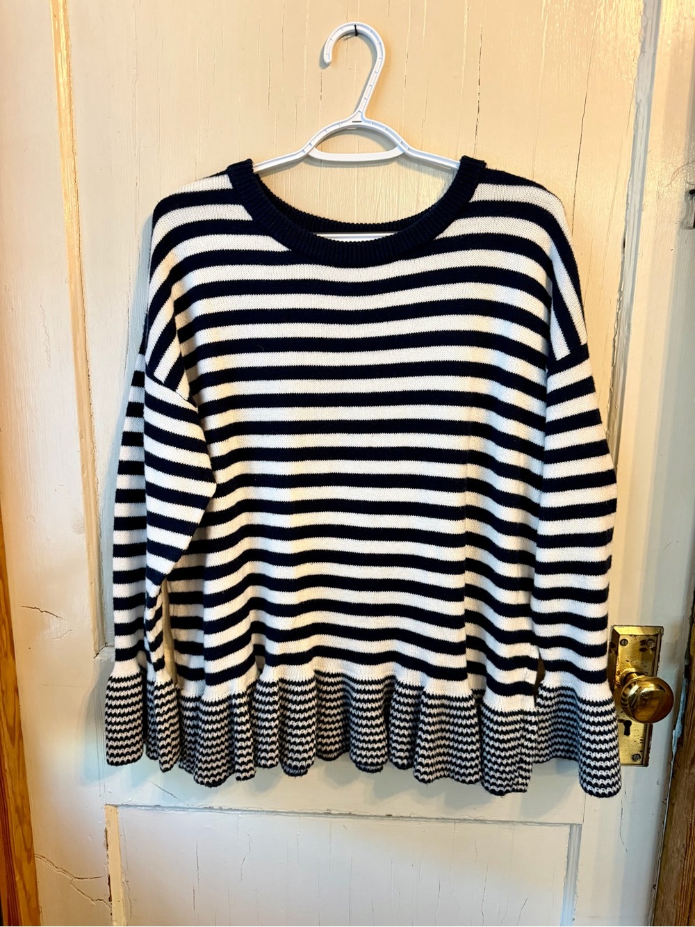 LOFT Black and White Striped Crewneck Sweater with Ruffle Hem